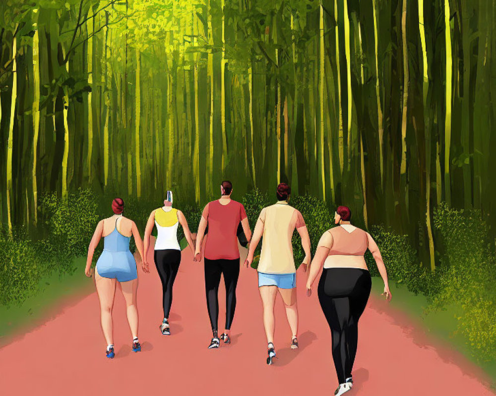 Group of Five Jogging on Red Path in Lush Green Forest