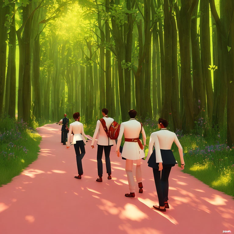 Colorful animated characters walking on pink path in lush green forest
