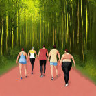 Colorful animated characters walking on pink path in lush green forest