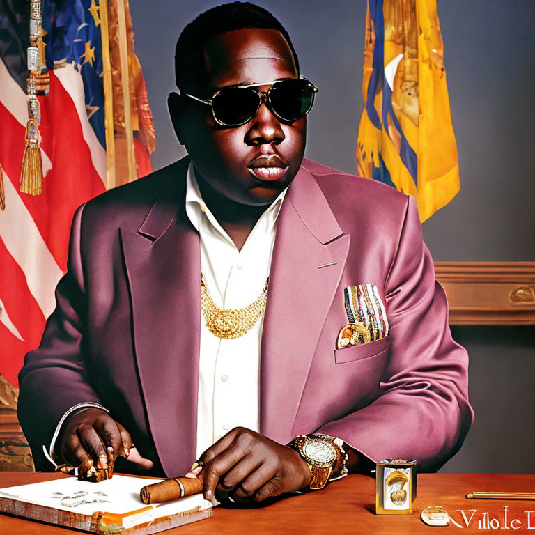 Man in Maroon Suit with Sunglasses and Cigar at Table with Flags