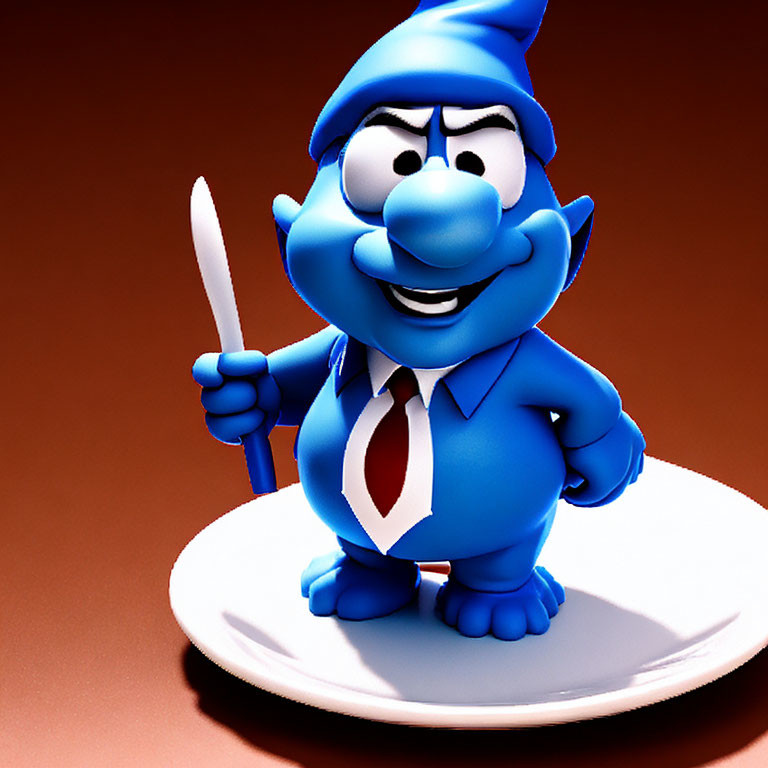 3D rendering of Papa Smurf with knife on plate in brown background