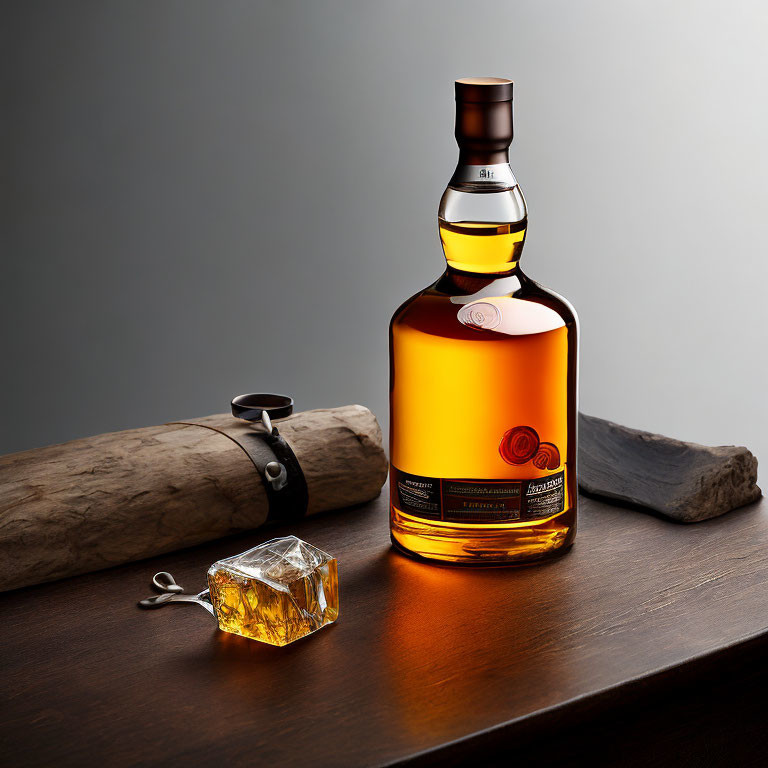 Amber-colored whisky bottle with cigar on wood surface