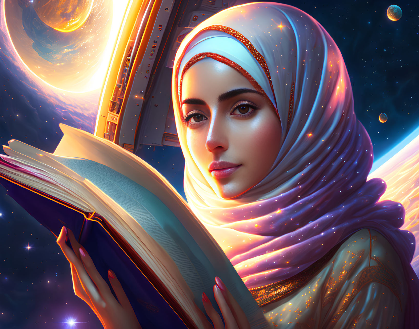 Woman in hijab reading book with cosmic backdrop.