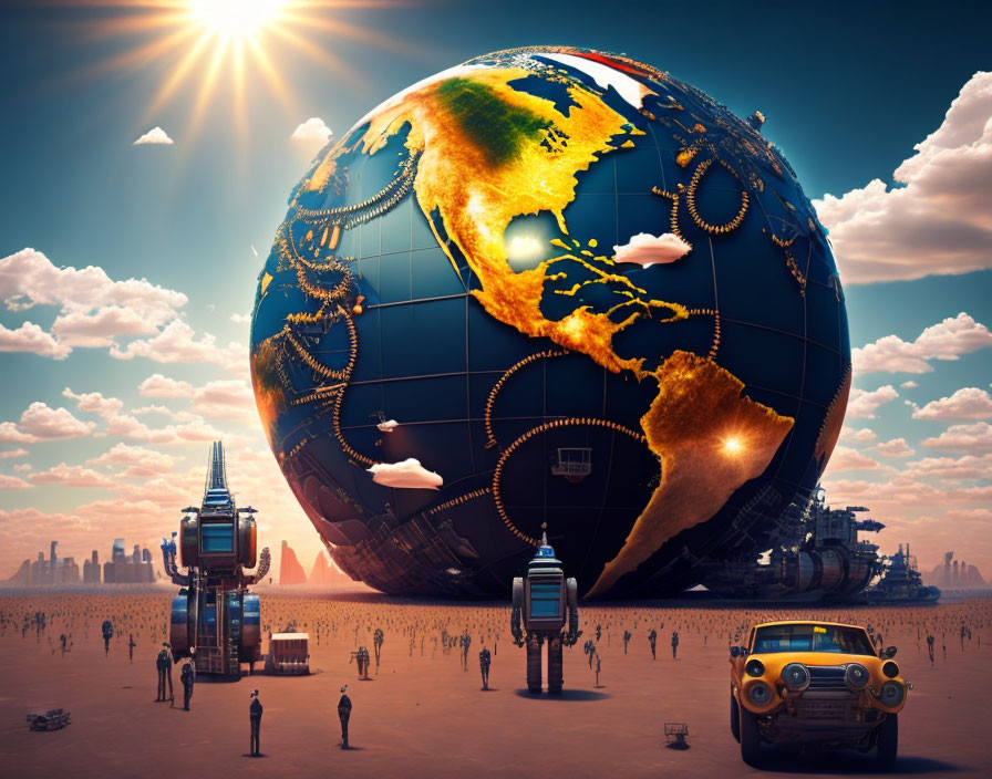 Surreal landscape with giant globe, futuristic buildings, people, vehicles, and blimps under cloudy