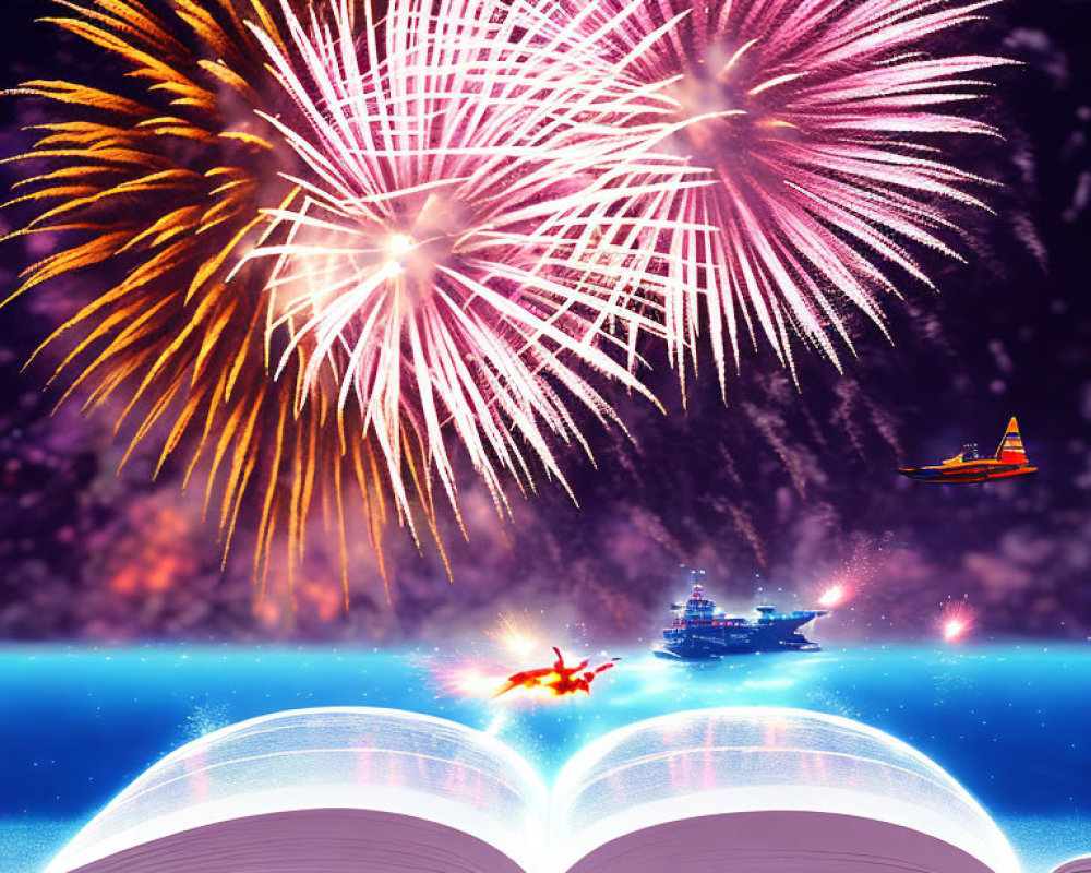 Colorful fireworks illuminate open book with ship and plane illustrations against starry sky