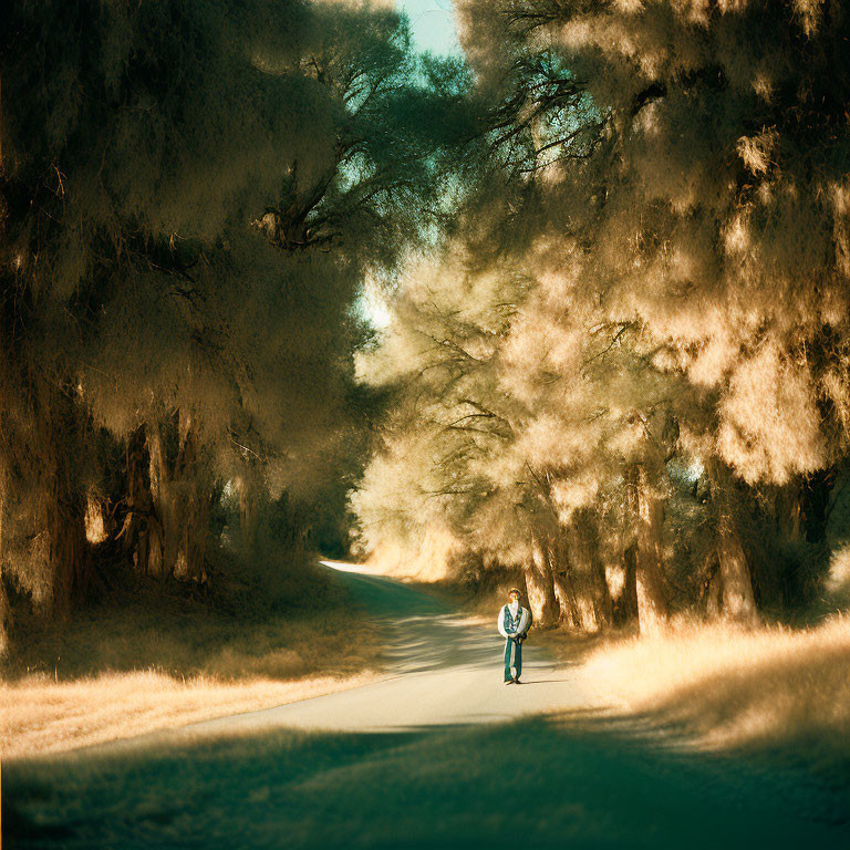 Tranquil scene of person walking under lush trees