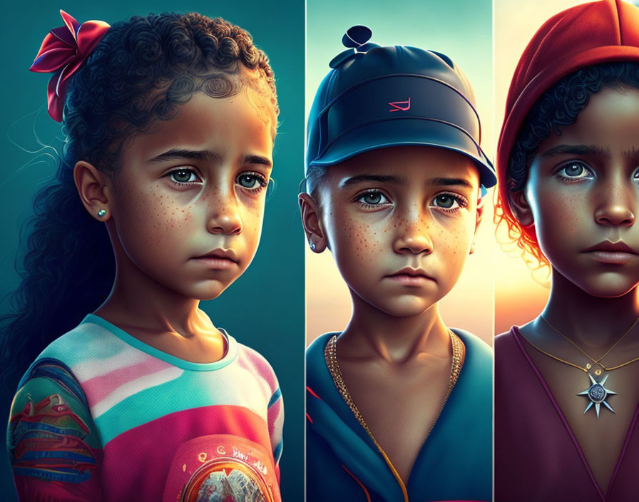 Detailed Digital Artwork Featuring Two Young Girls with Expressive Eyes and Unique Outfits