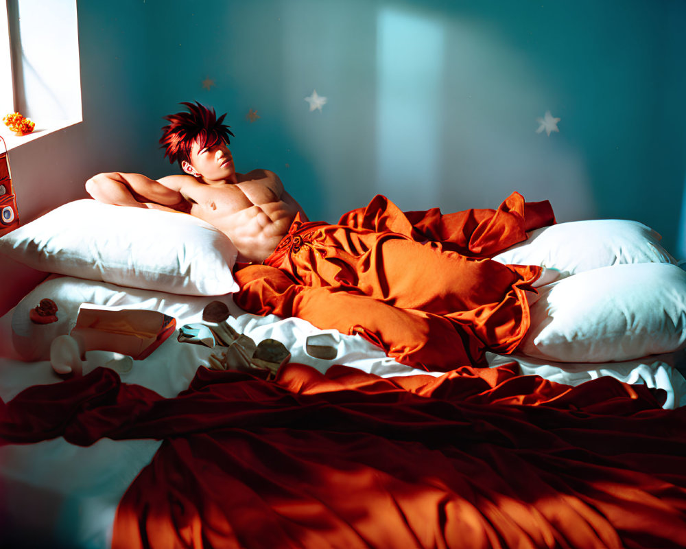 Shirtless Man Reclining in Bed Surrounded by Stars in Blue Room
