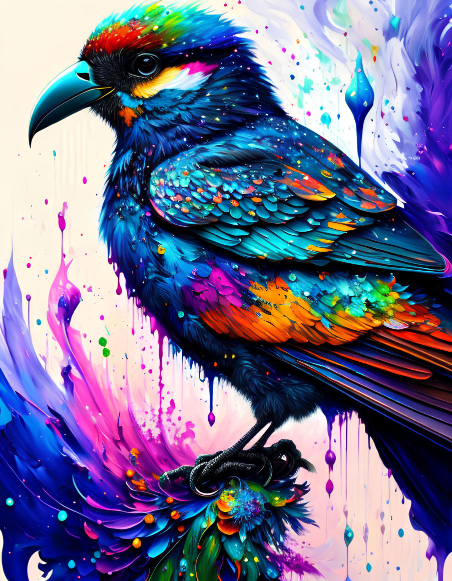 Colorful Stylized Bird in Rainbow Palette Among Dynamic Paint Splashes