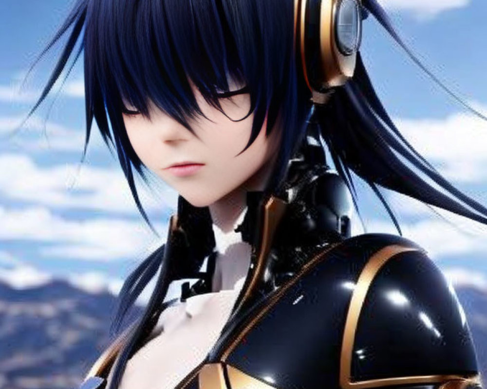 Digital artwork of female character with blue hair in futuristic black and gold armor against blurred landscape.