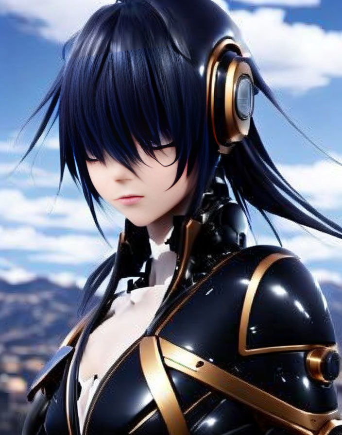 Digital artwork of female character with blue hair in futuristic black and gold armor against blurred landscape.