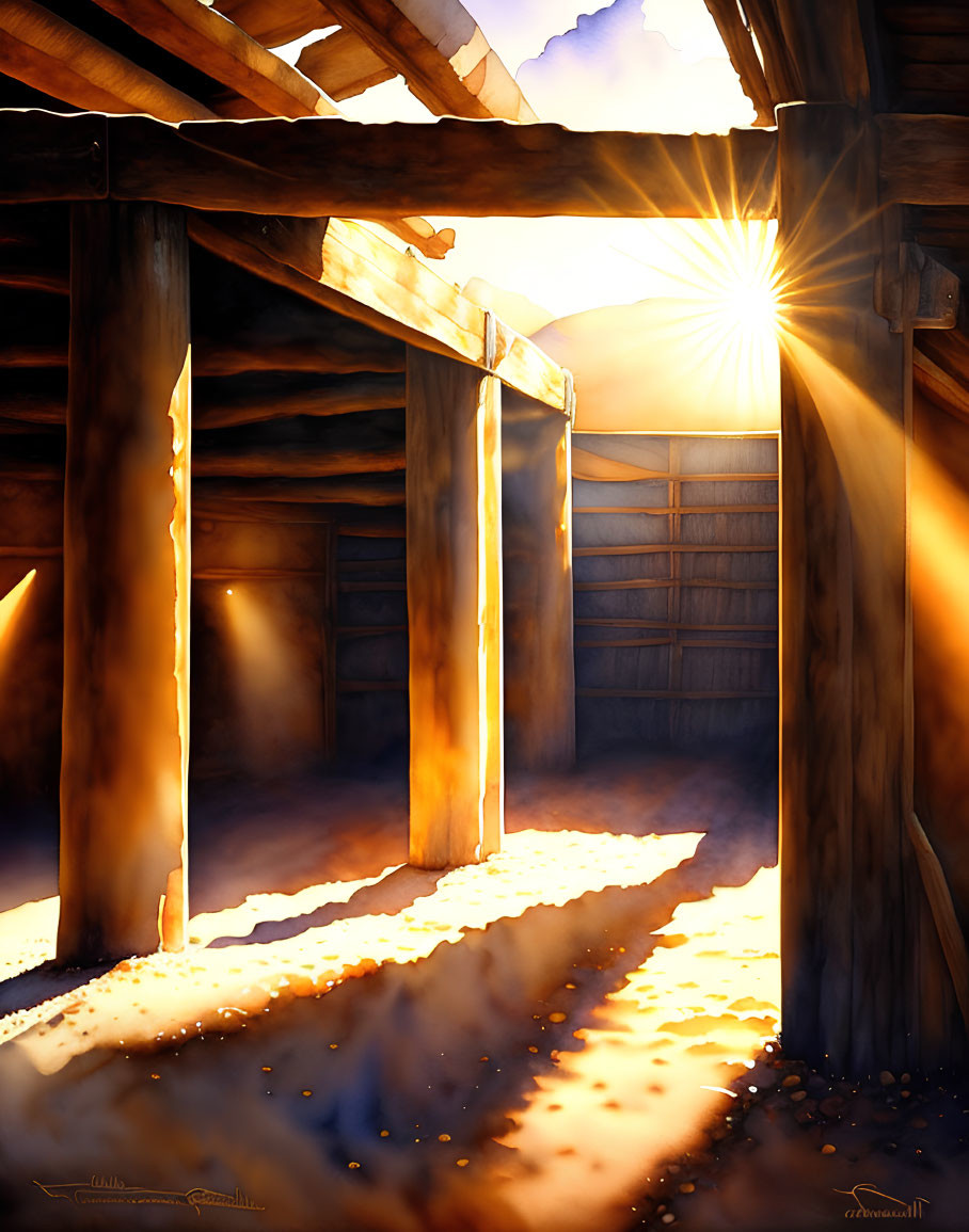 Rustic wooden barn with sunlight streaming in and long shadows