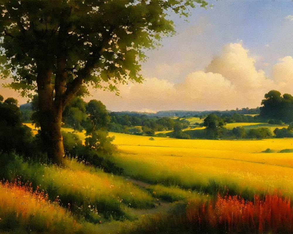 Tranquil landscape with lush tree, golden fields, and vibrant wildflowers
