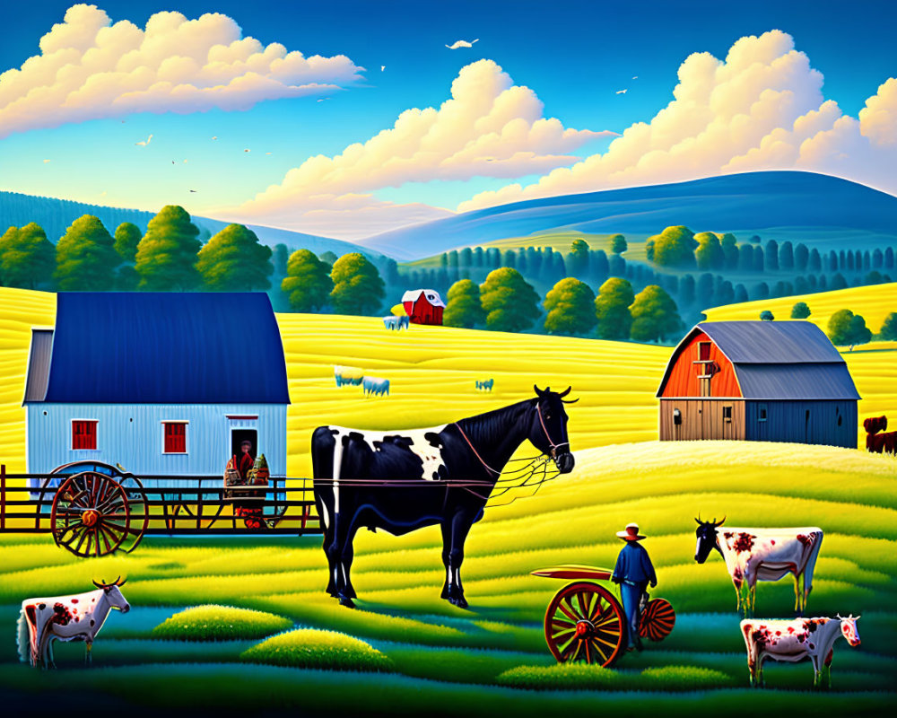 Detailed pastoral scene with black horse, cows, barns, green hills, blue sky