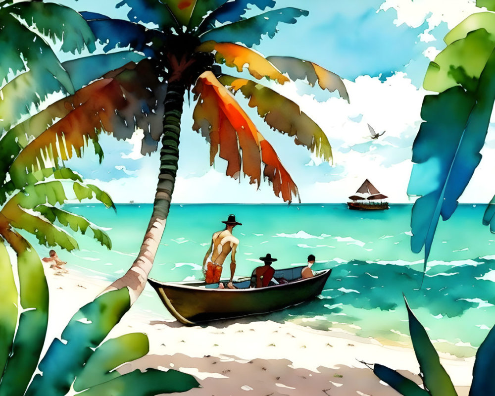Colorful watercolor beach scene with boat, palm trees, blue sky, and distant sailboat