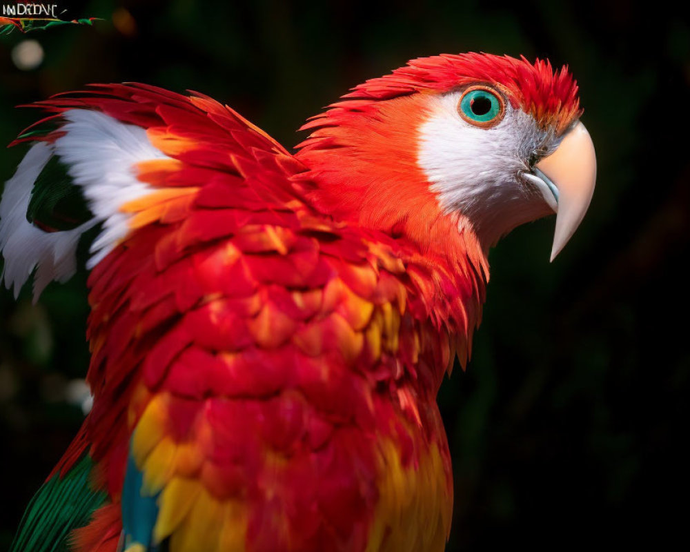 Vivid red macaw with green eyes and colorful feathers on dark background