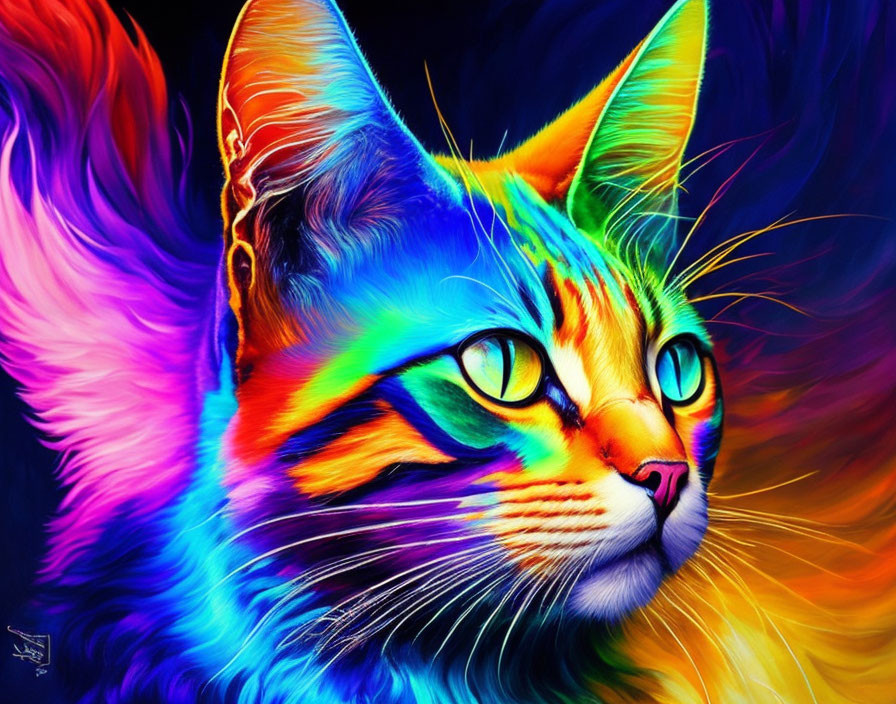 Colorful Digital Artwork: Cat with Vibrant Rainbow Fur