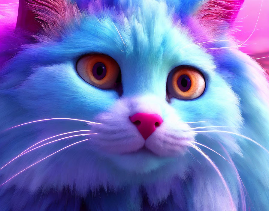 Stylized anthropomorphic blue cat with orange eyes on pink background