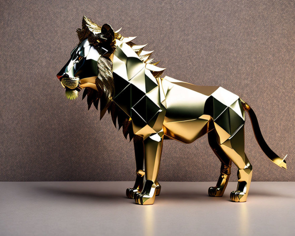 Geometric Lion Sculpture with Golden and Black Facets on Beige Background