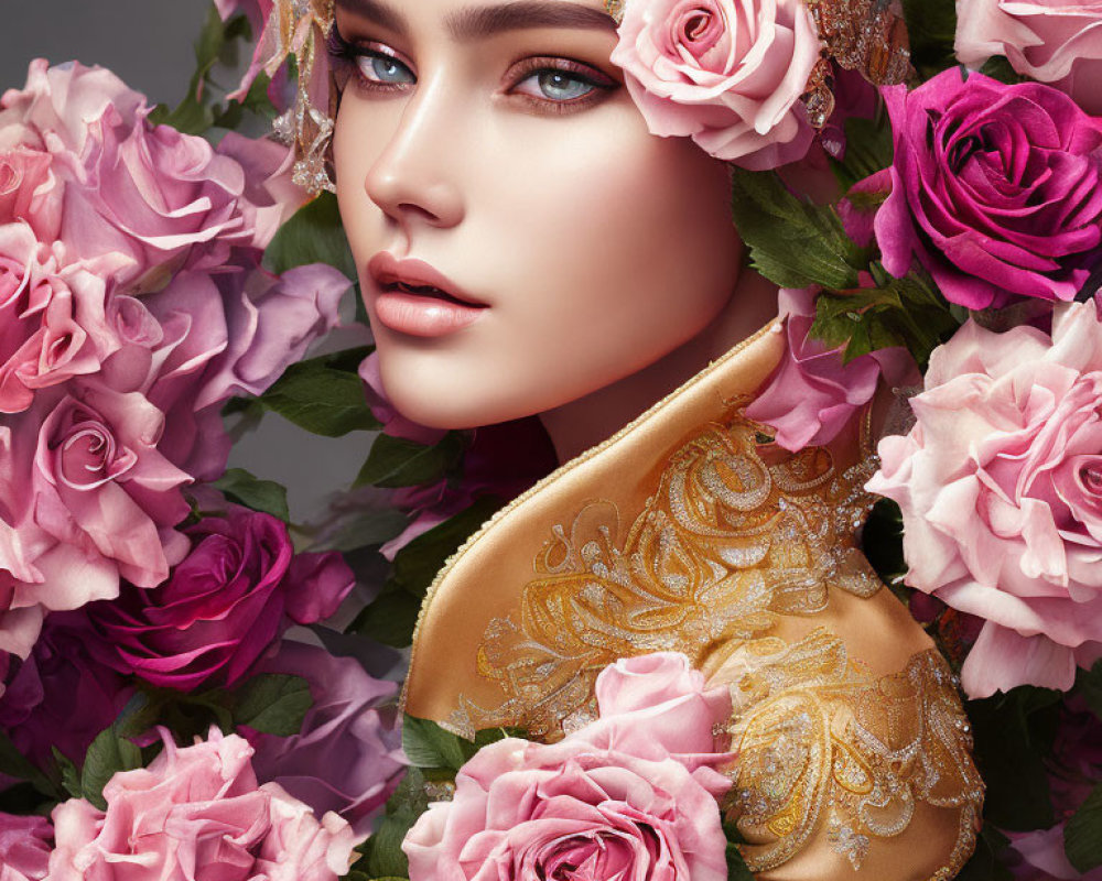 Portrait of woman with blue eyes, pink roses, gold lace shoulder piece