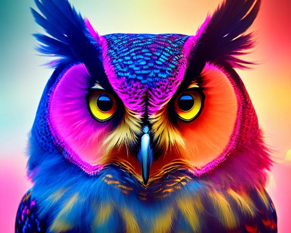 Colorful Owl Digital Art with Purple, Blue, and Orange Hues