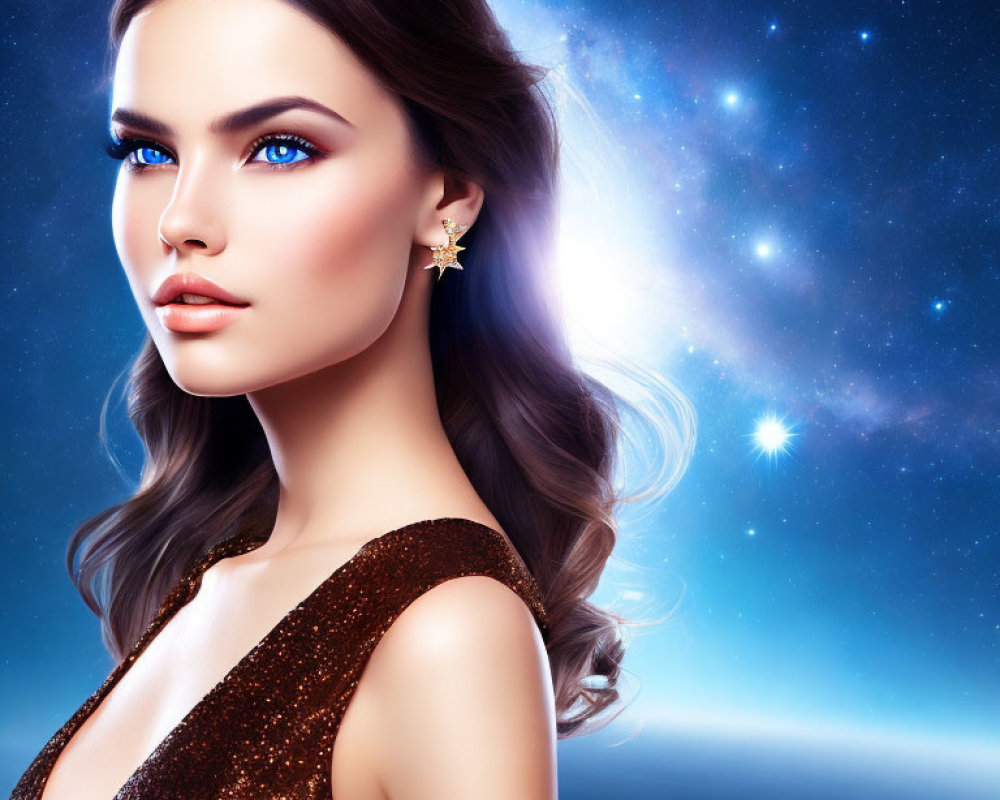 Portrait of Woman with Blue Eyes and Wavy Hair in Starry Space Background