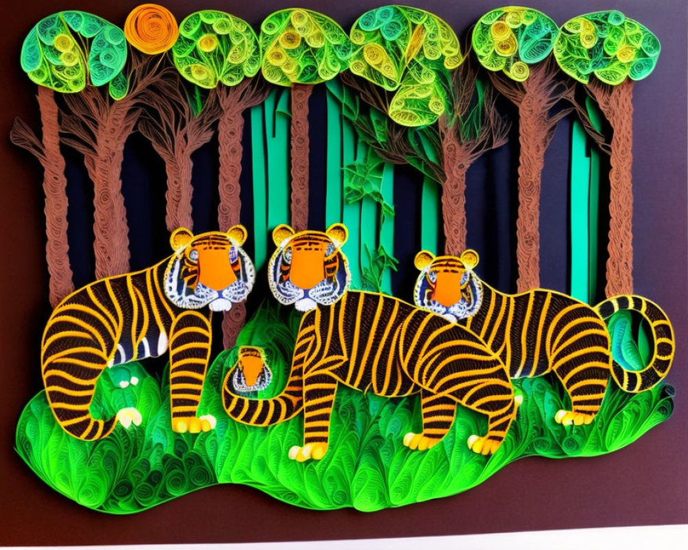 Vibrant paper art of three tigers in forest with quilling techniques
