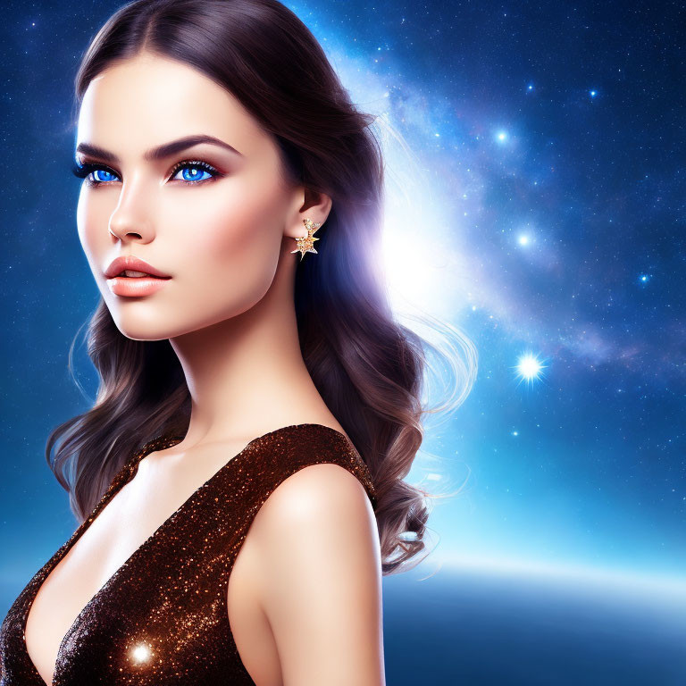 Portrait of Woman with Blue Eyes and Wavy Hair in Starry Space Background