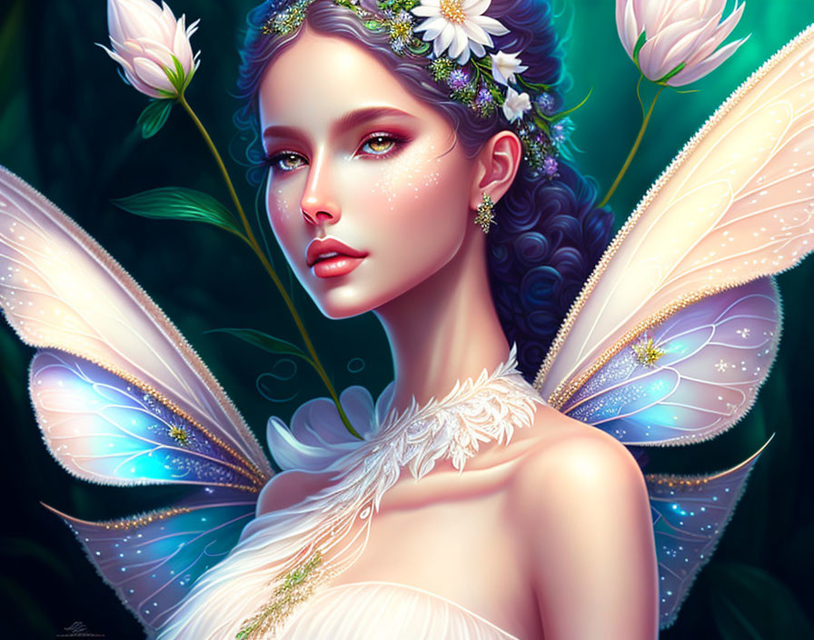 Fantasy fairy illustration with iridescent wings in lush floral setting