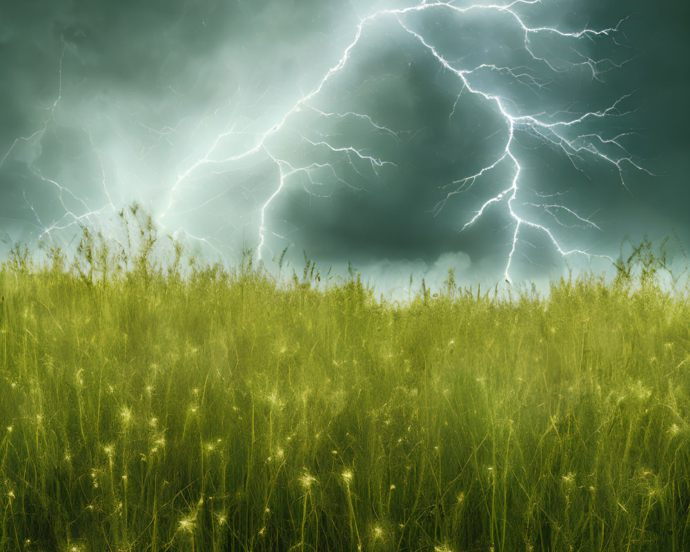 Dramatic scene: Vibrant lightning in stormy sky above lush green field