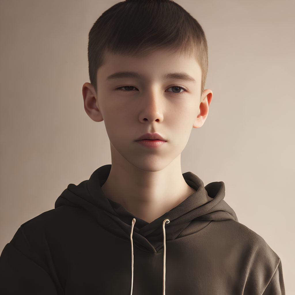 Young person in black hoodie with short hair in serene portrait
