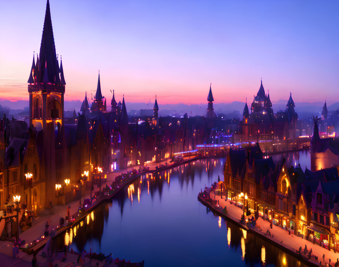 Fantasy cityscape with Gothic structures and river at twilight