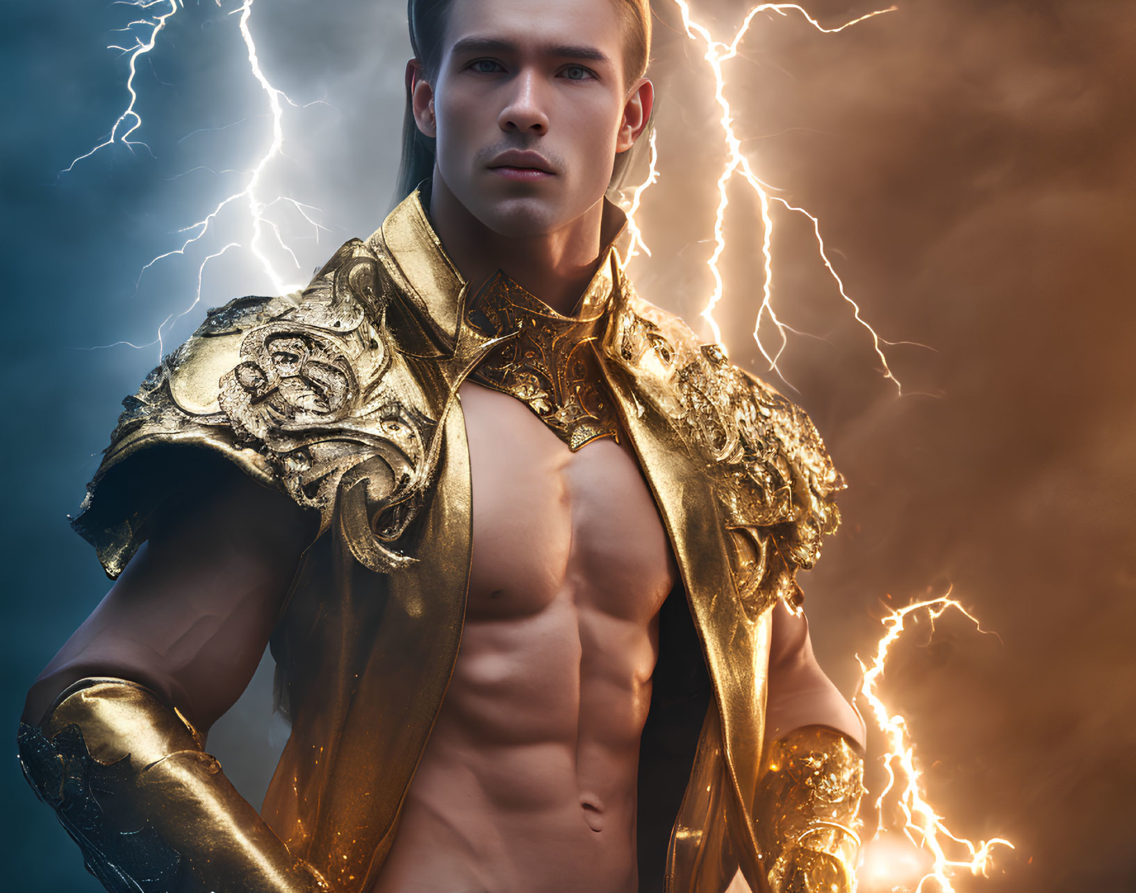 Muscular man in golden shoulder armor under dramatic sky with lightning bolts