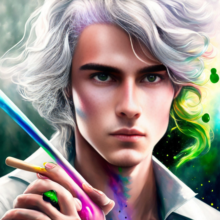 Portrait of person with wavy white hair and paintbrush, exuding artistic creativity