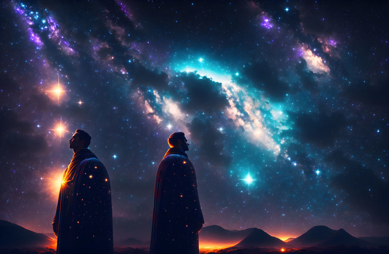 Silhouetted figures under vibrant night sky with celestial cloaks.