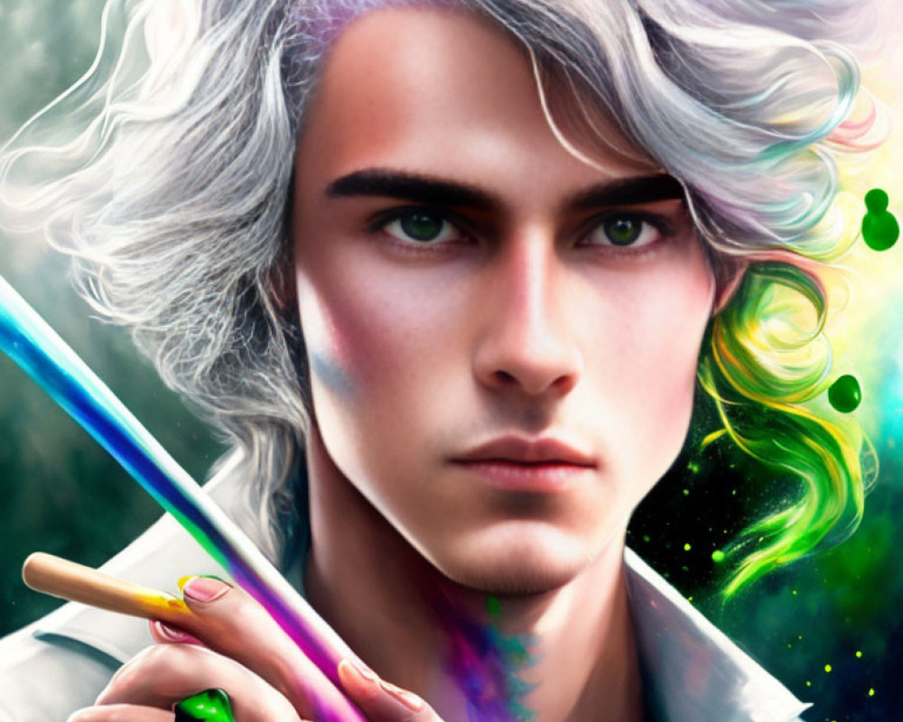 Portrait of person with wavy white hair and paintbrush, exuding artistic creativity