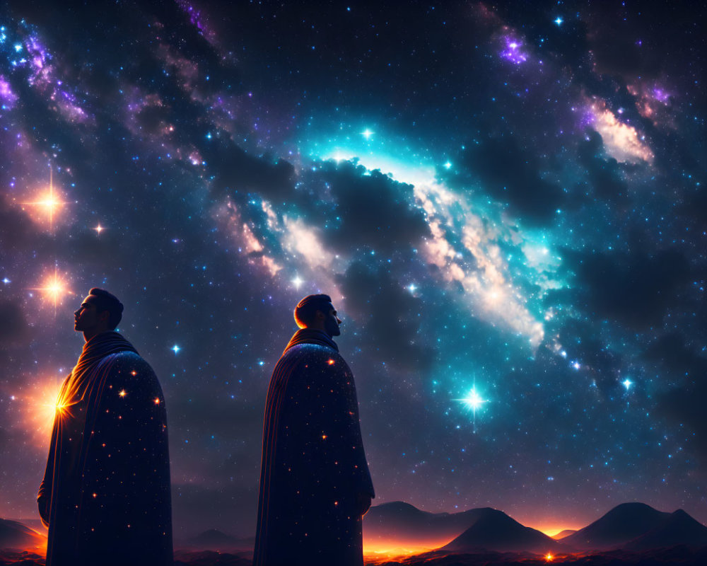 Silhouetted figures under vibrant night sky with celestial cloaks.