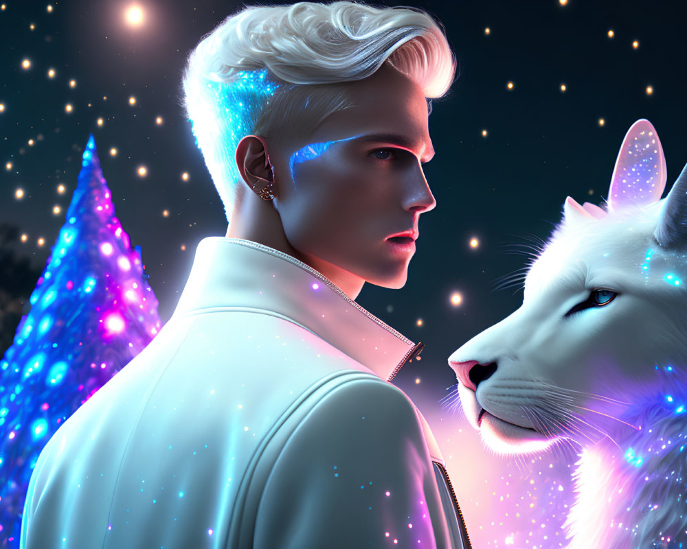 Man with glowing hair and white lion in neon-lit setting