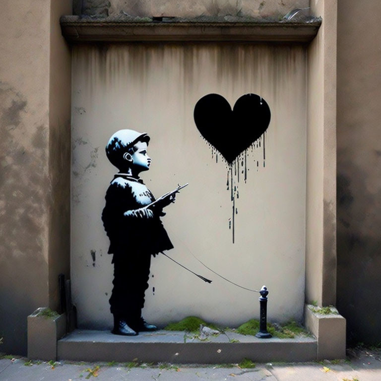 Stencil graffiti: Boy with slingshot aiming at heart balloon