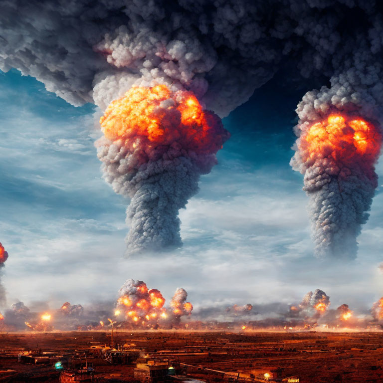 Multiple Explosions and Smoke Plumes in Apocalyptic Landscape