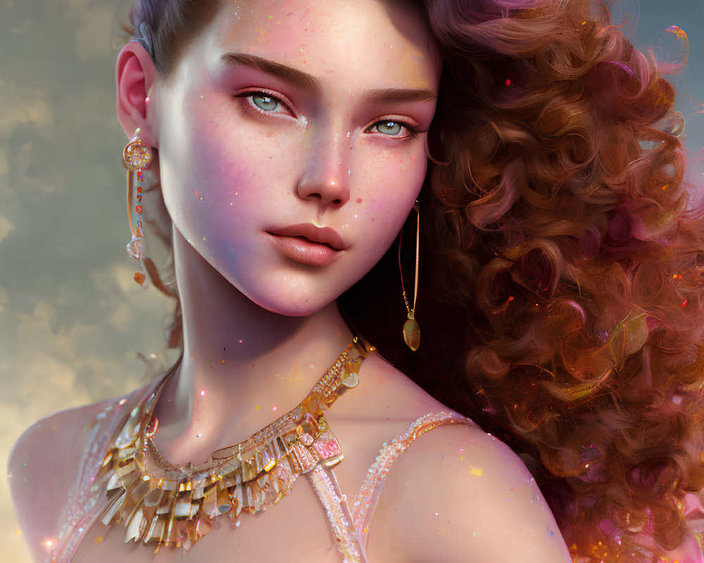 Portrait of young woman with red curly hair, freckles, gold makeup, and jewelry