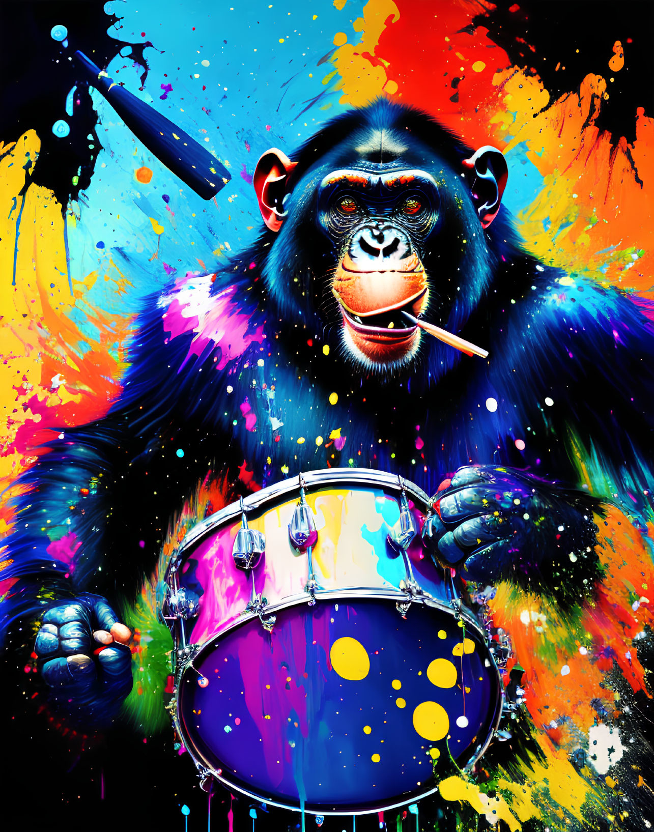 Colorful Chimpanzee Illustration with Drumstick and Drum in Paint Splatter Background