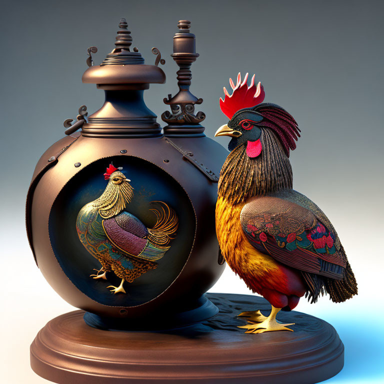 Colorful 3D rooster illustration with antique-style chicken flask on wooden stand