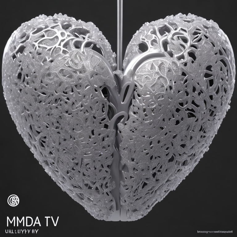 Metallic heart with intricate lace-like patterns and "MMDA TV" branding.