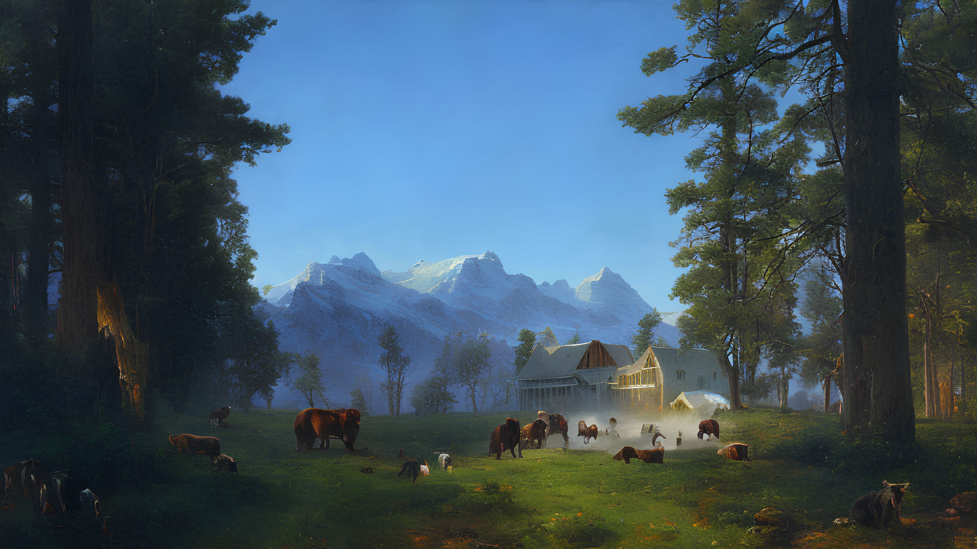 Cows grazing near white house in serene landscape