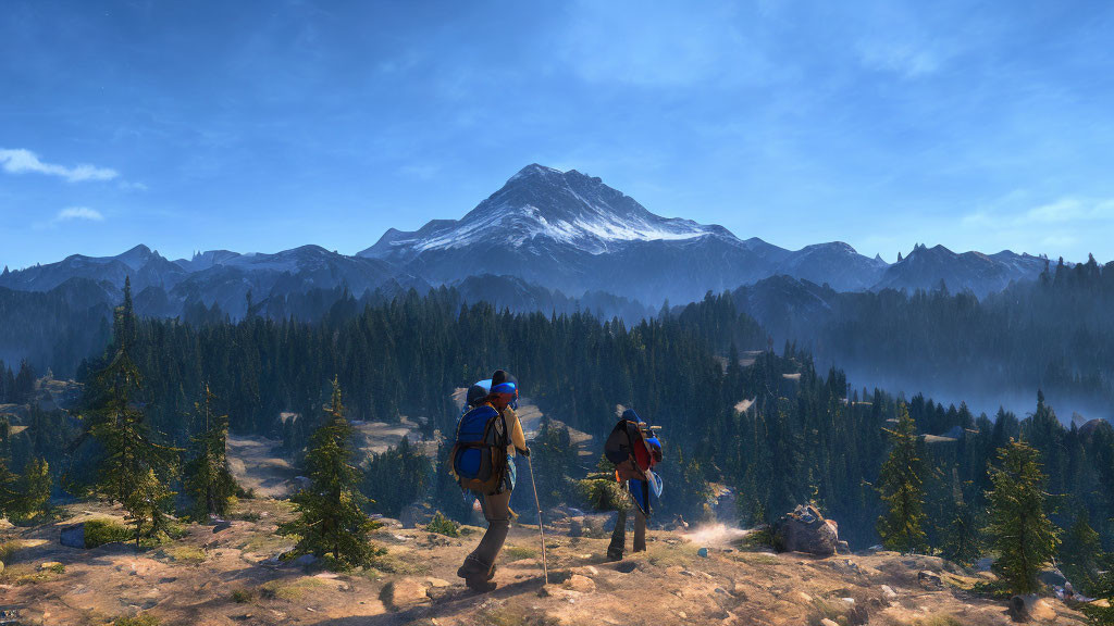 Hikers with backpacks in forested mountain landscape with snow-capped peak