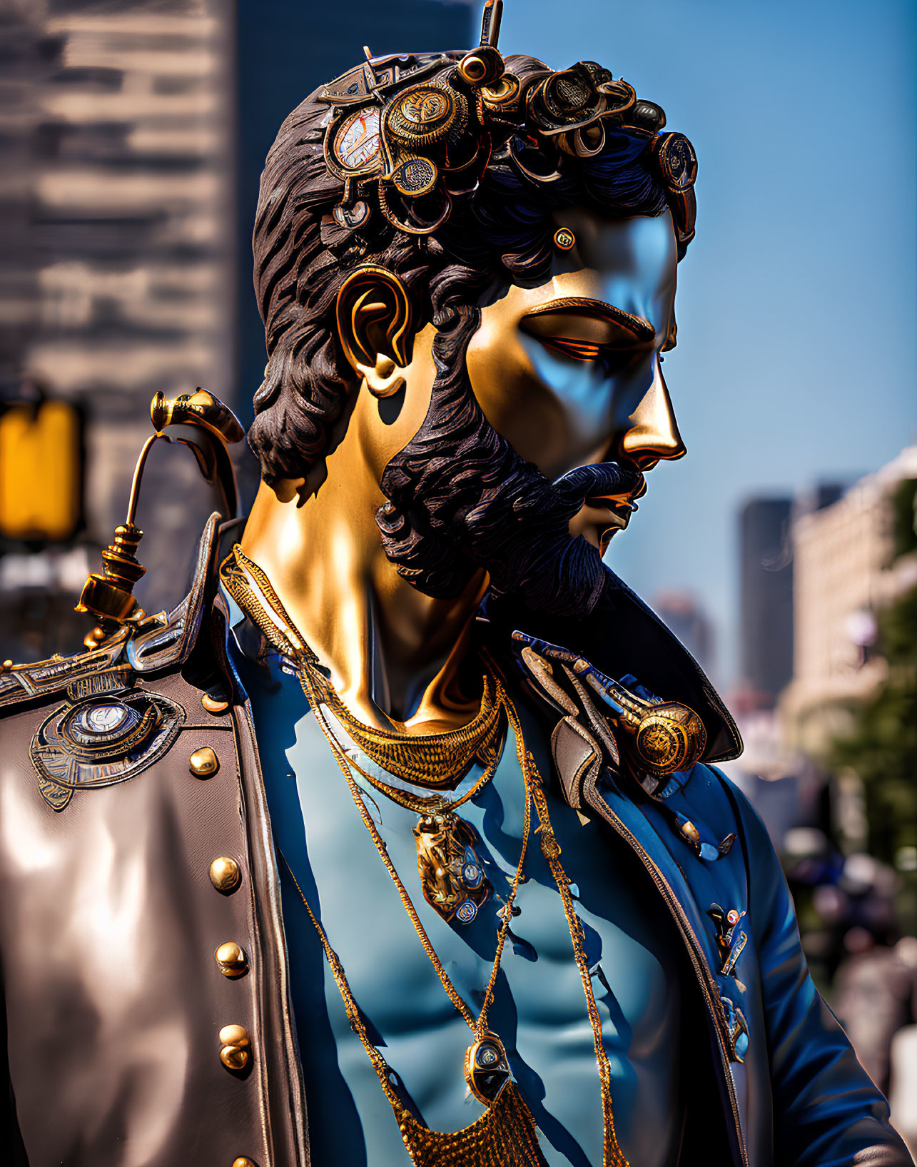 Detailed metallic statue of bearded man in military jacket