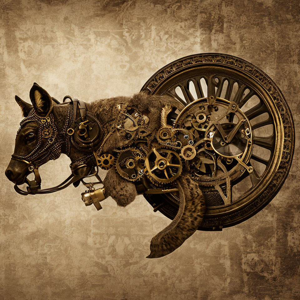 Mechanical horse illustration in steampunk style on textured beige background