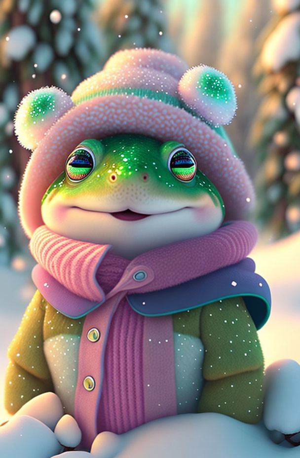 Animated Frog in Winter Outfit Among Snowflakes