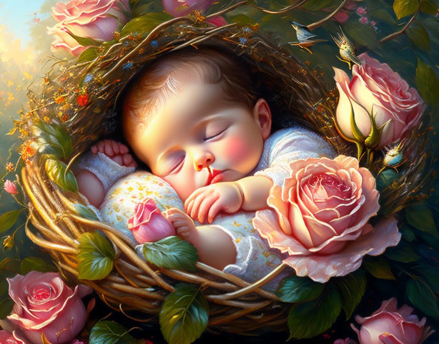 Sleeping baby in woven nest surrounded by greenery and pink roses.